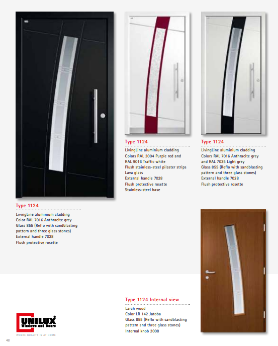 Type 1124 LivingLine – Lava Glass Stainless Steel Pilaster LivingLine Door, Purple Red or Anthracite Grey, Jatoba Interior, Designer Handle, High Security, Multi-Point Lock Option